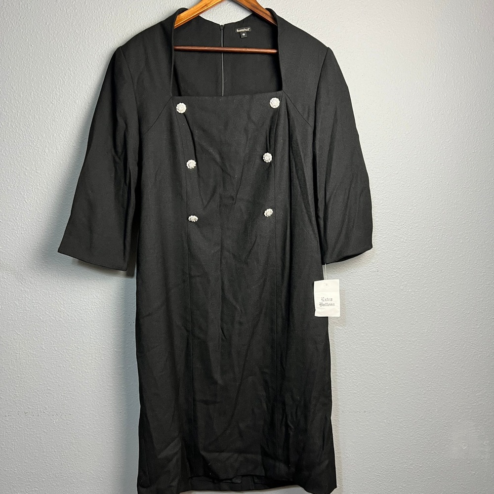 Barrie Pace Black Wool Dress Square Neck Rhinestone Buttons Career LBD Size‎ 16